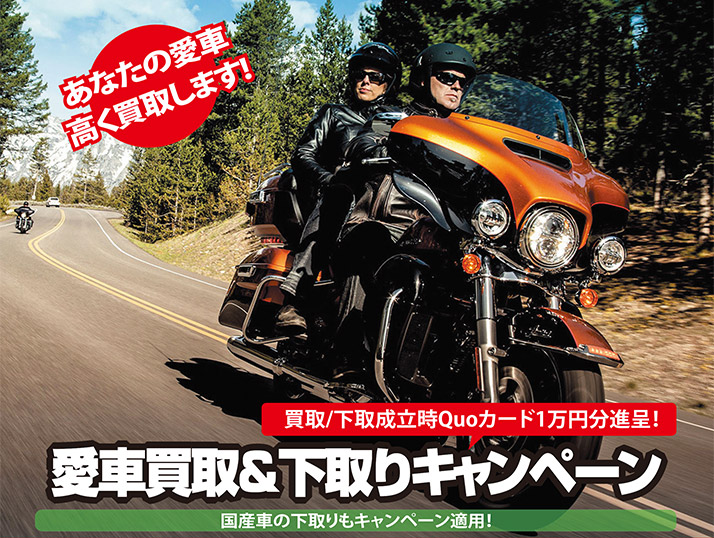 あなたのバイク高く買取します！　国産車の下取りもキャンペーン適用！　買取/下取り成立時Quoカード1万円分進呈!